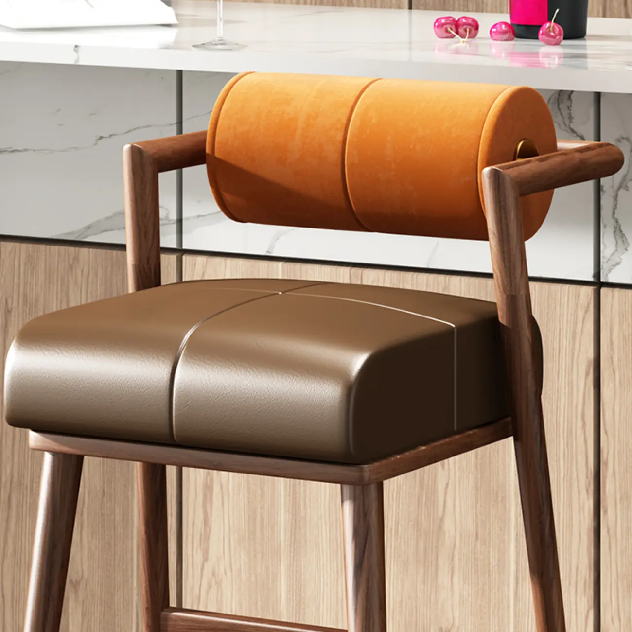Brown Wooden Cushion Bar Stool with Backrest
