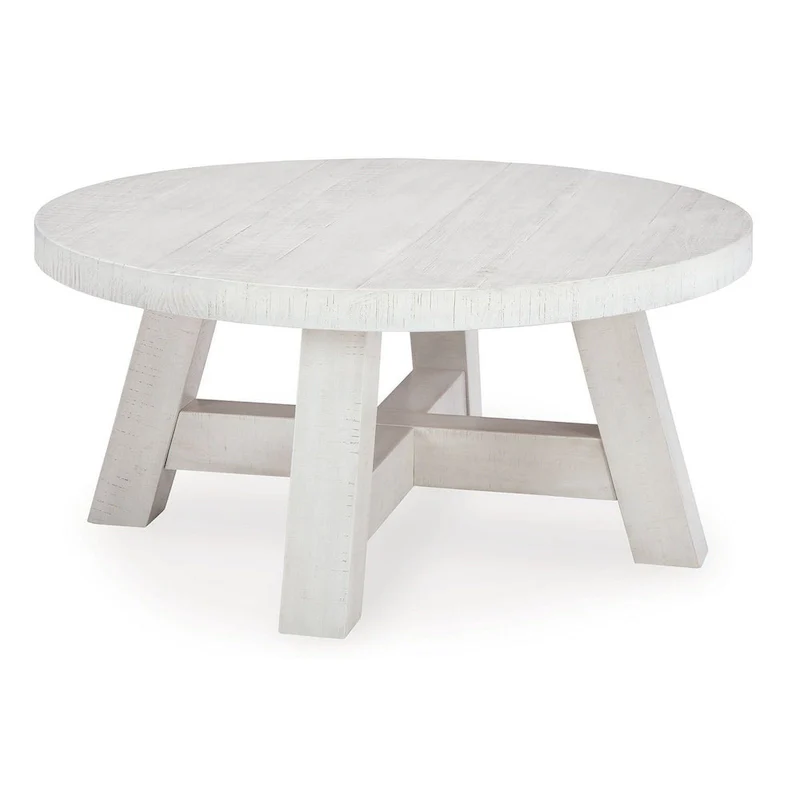 Round Cocktail Coffee Table, Rustic Posts, 40 Inch, Antique White Pine