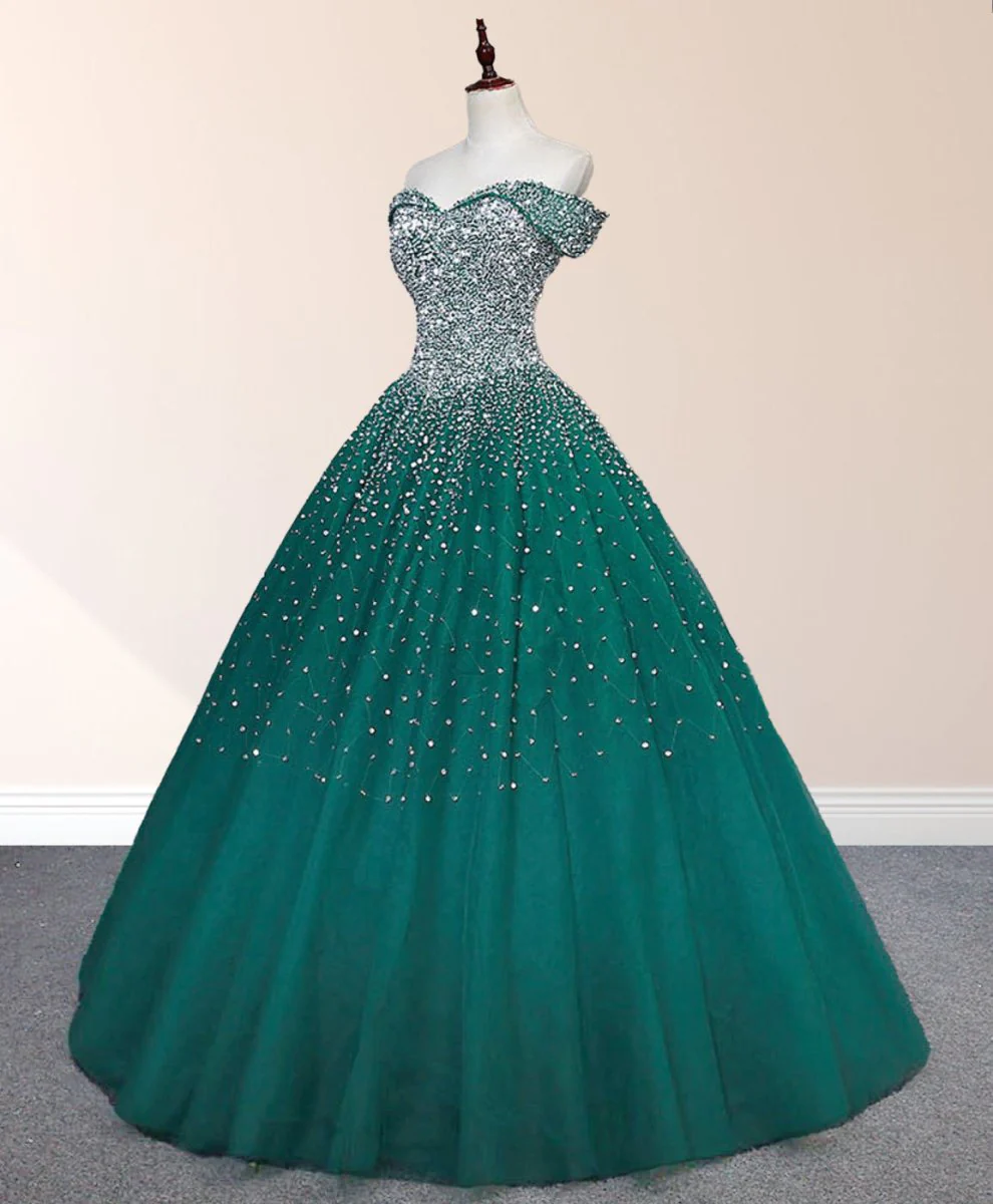 Emerald Green Off The Shoulder Tulle Quinceanera Dresses With Beadings