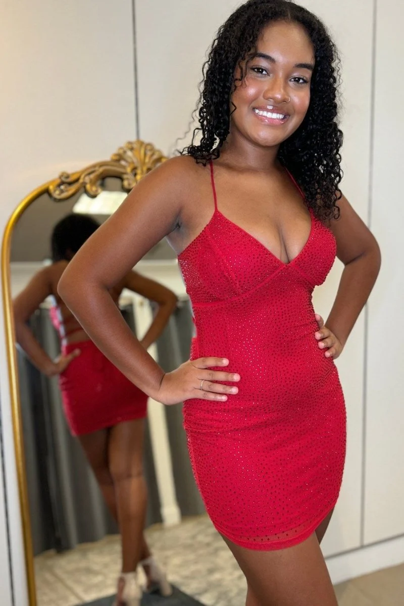 Red V-Neck Lace-Up Mini Hotfix Homecoming Dress