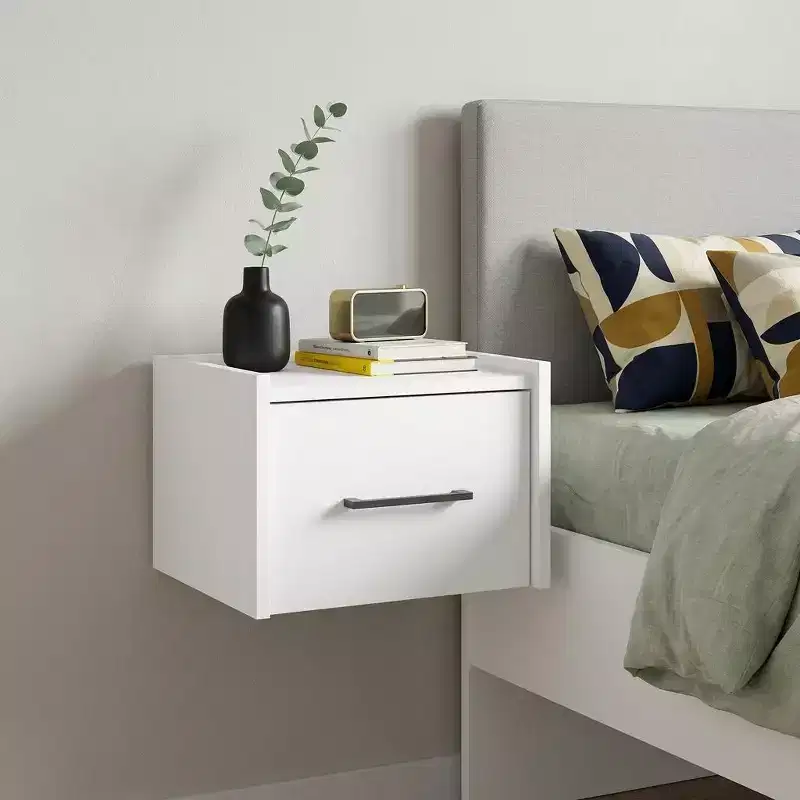 White Wood Floating Nightstand with Drawer, 1-Person Use