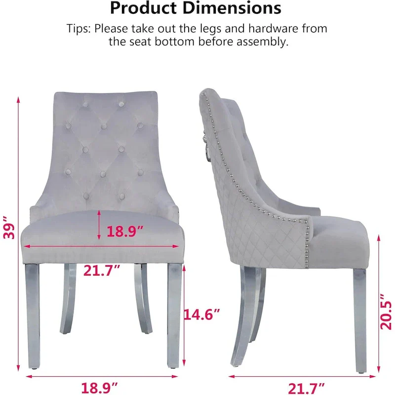 Velvet Dining Chairs Set of 2, Upholstered Tufted Nailhead Dining Room Chairs with Stainless Steel Legs & Lion Head Pull Ring
