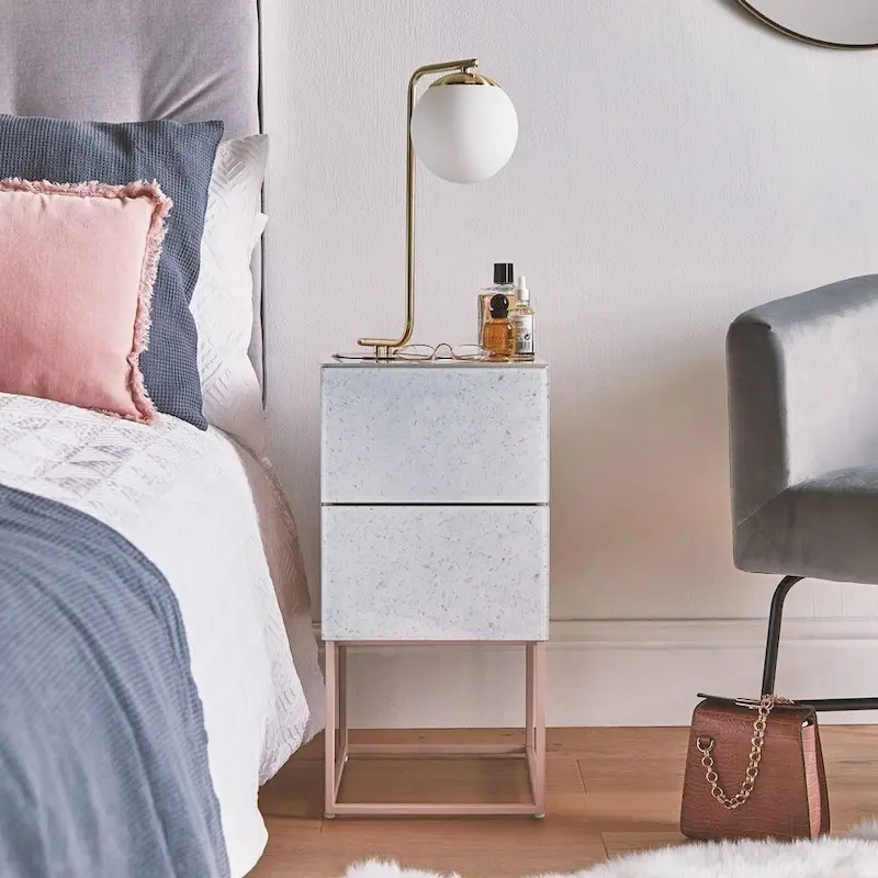 Marble Pattern Double Drawer Nightstand with Tempered Glass Top