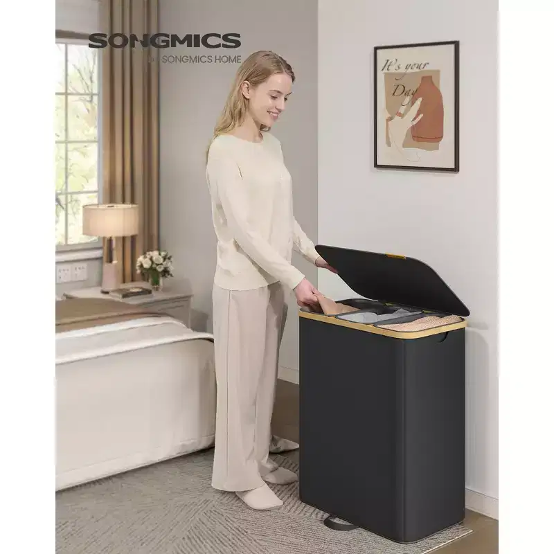 SONGMICS Laundry Hamper, Laundry Sorter with Lid, Storage Basket Bin, Removable Liners, Bamboo Frame, 3 Sections, 44.9 Gal. (170 L), Ink Black