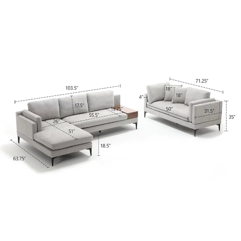 Modular U-shaped Linen Reversible Sofa with a Wooden Side Table Box and Reversible Design