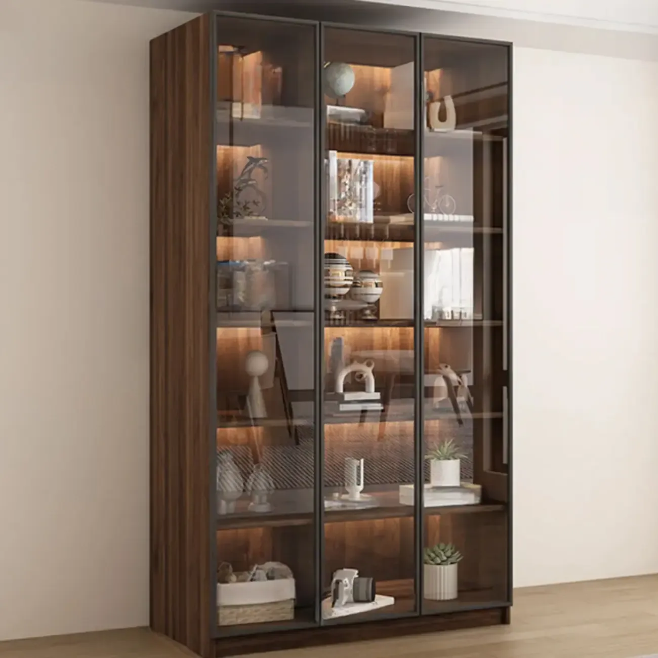 Modern Glass Door Walnut Wooden 5-Shelf Bookcase