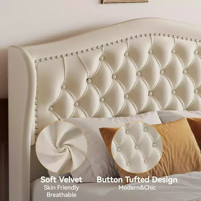 Dyonery Queen Velvet Bed Frame, 52.6 Wingback Tufted Headboard, 2 Drawers, No Box Spring