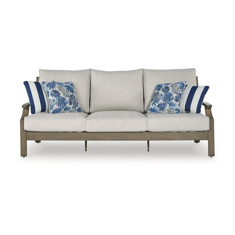 Inaya Outdoor Sofa, 4 Throw Pillows, Cream White, 89 Inch Brown Metal