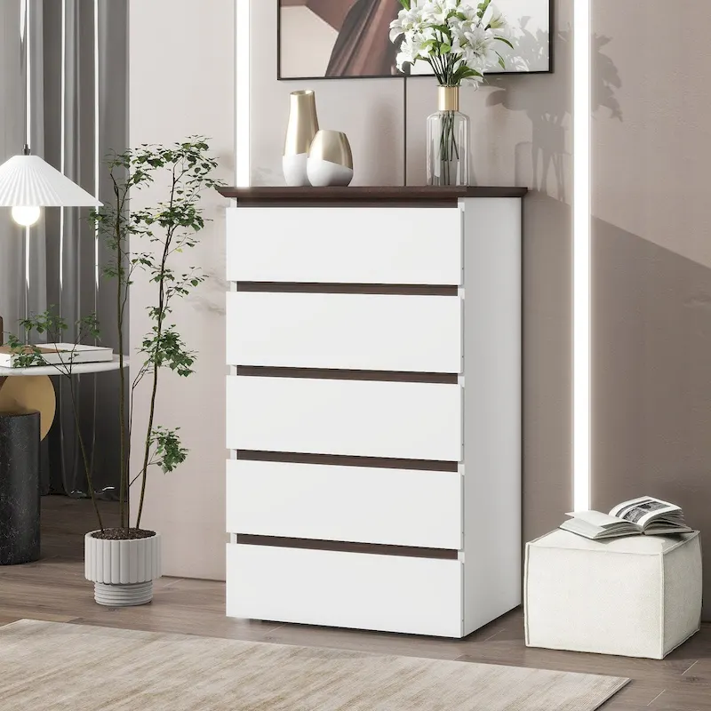 White 5-Drawer Dresser, Mid-Century Modern Style, Wood-Top, 1-Person Use