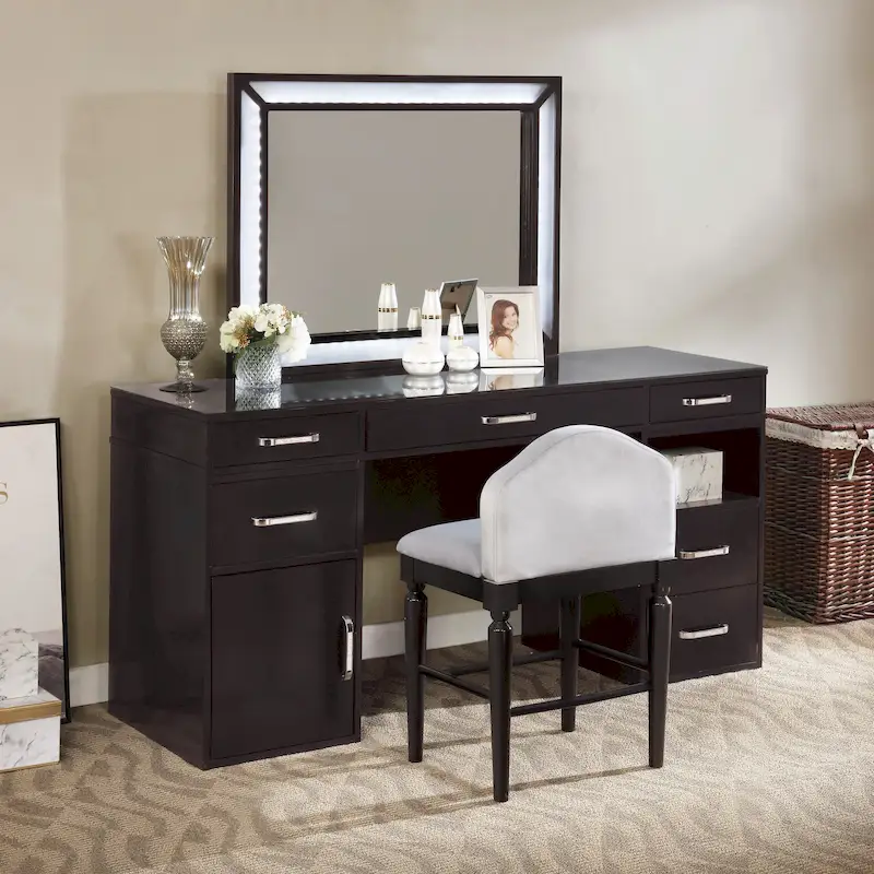 Makeup Vanity Set 3-Piece Solid Wood 6 Drawers LED Mirror Padded Stool 60