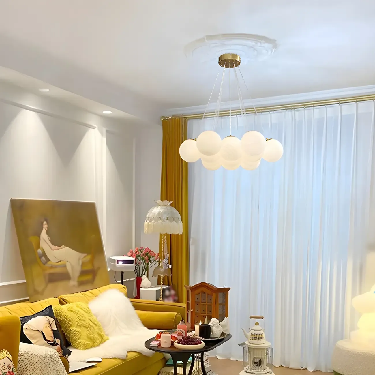 Adjustable White Glass Cluster Sphere Chandelier Modern Elegant