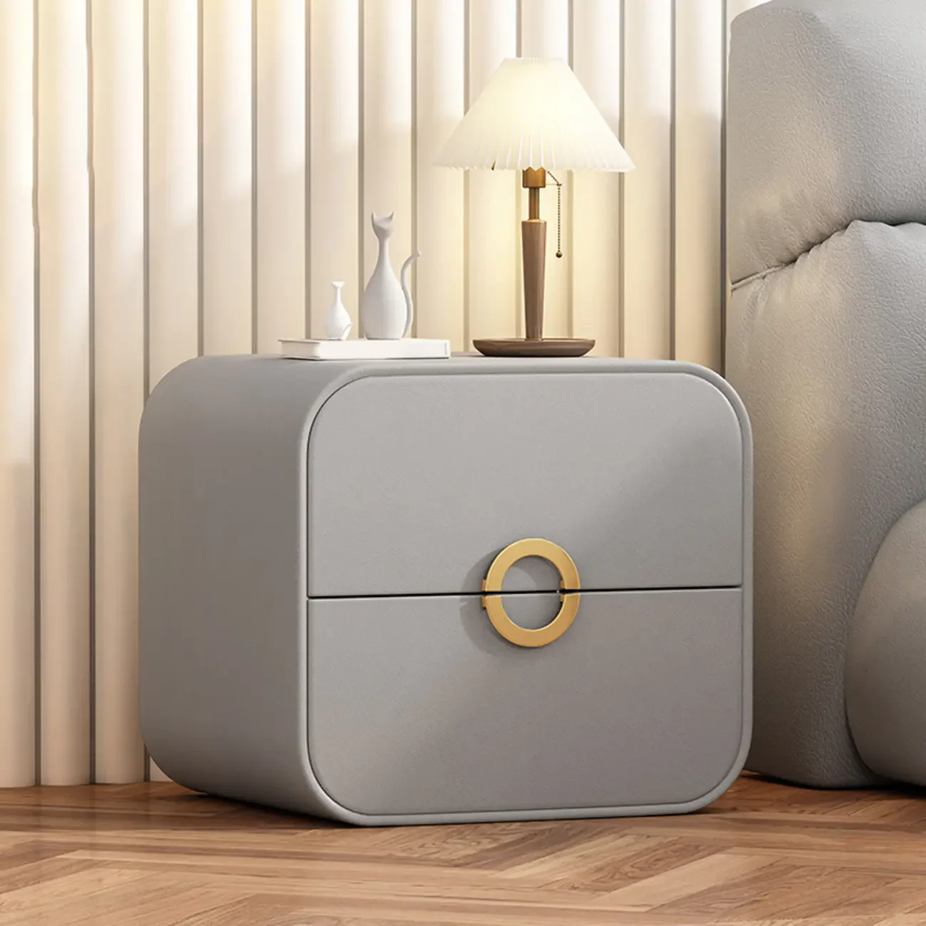 Modern Faux Leather Gold Ring Handle Nightstand with 2 Drawers
