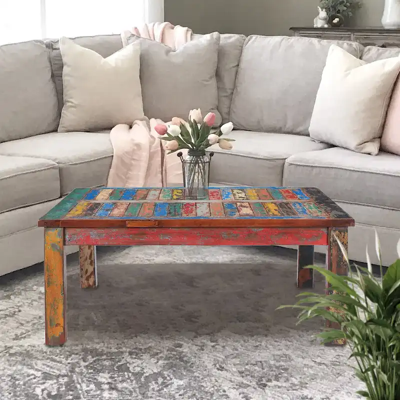 Multi-Color Reclaimed Teak Wood Square Coffee Table – Indoor / Outdoor