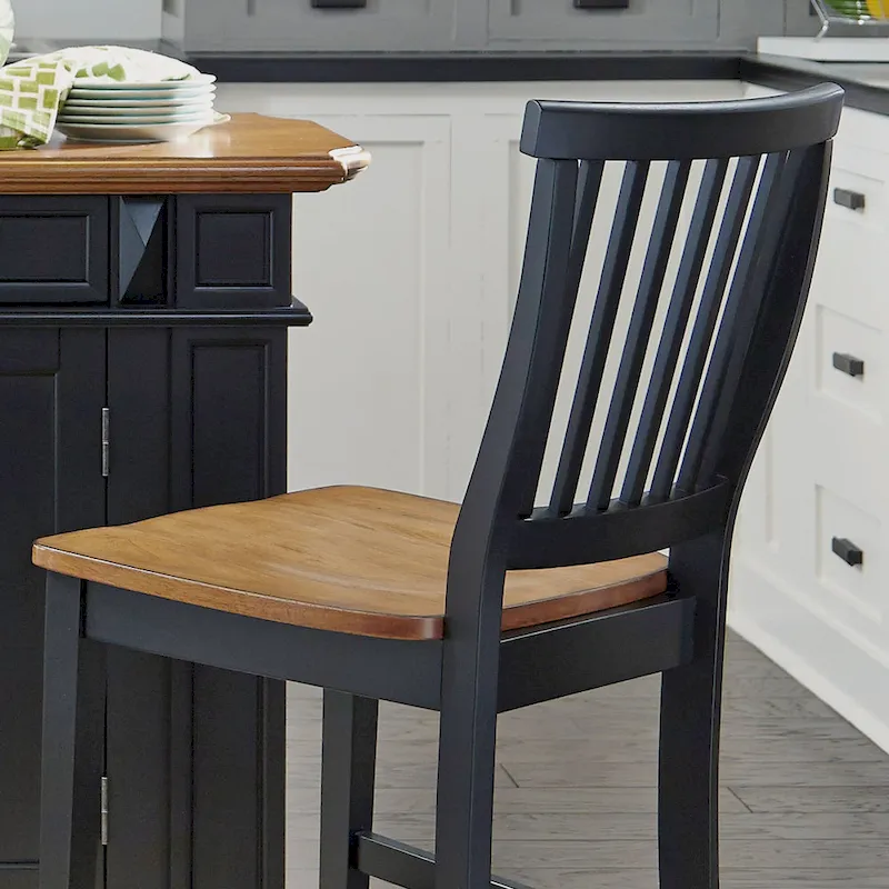 Black Kitchen Island Set with 2 Stools - Distressed Oak Top