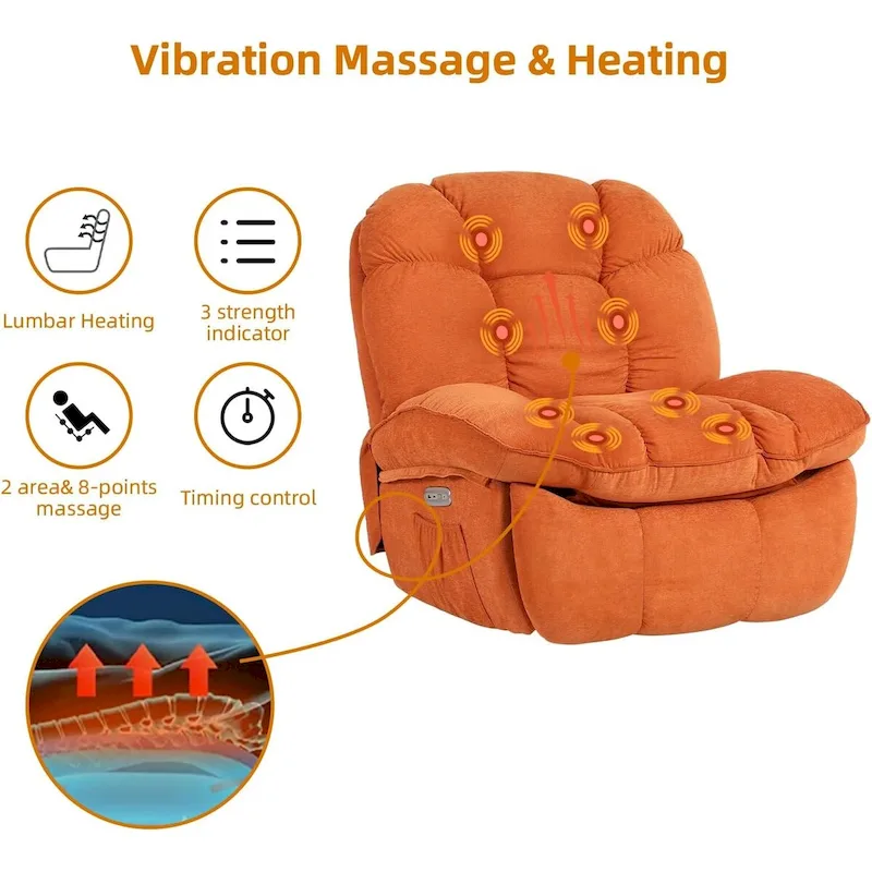 Swivel Power Recliner Chair, Massage Rocker with Heat, USB, USB-C and Side Pocket