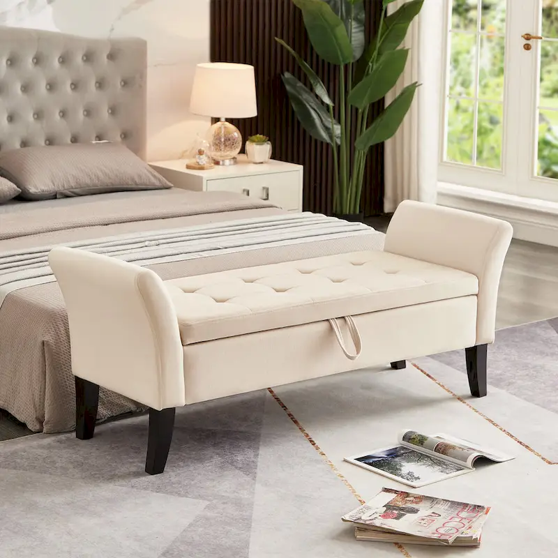 Grey / Orange / Beige Velvet Storage Bed Bench, Single Seat