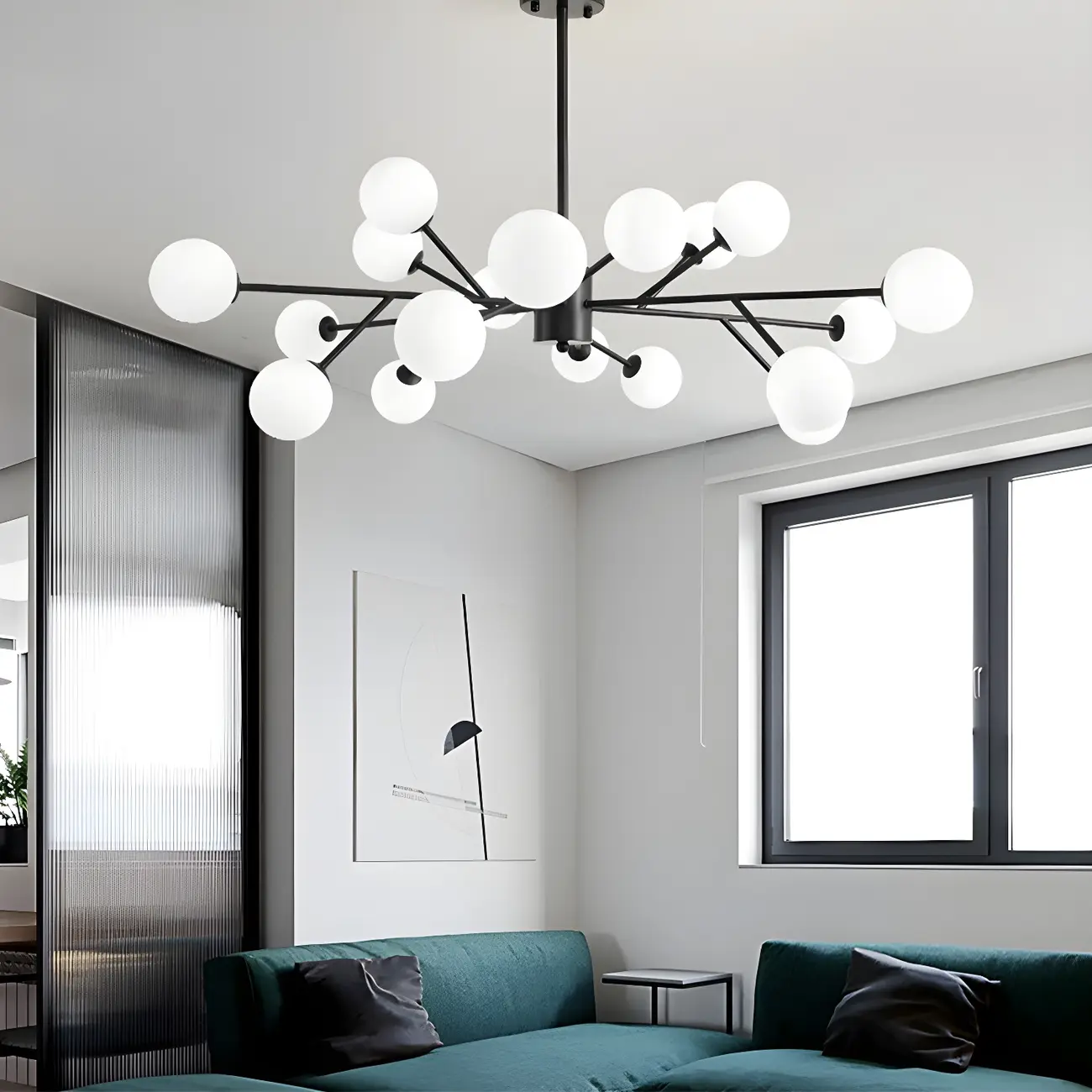 Mid-Century Modern White Globe Glass Sputnik Chandelier