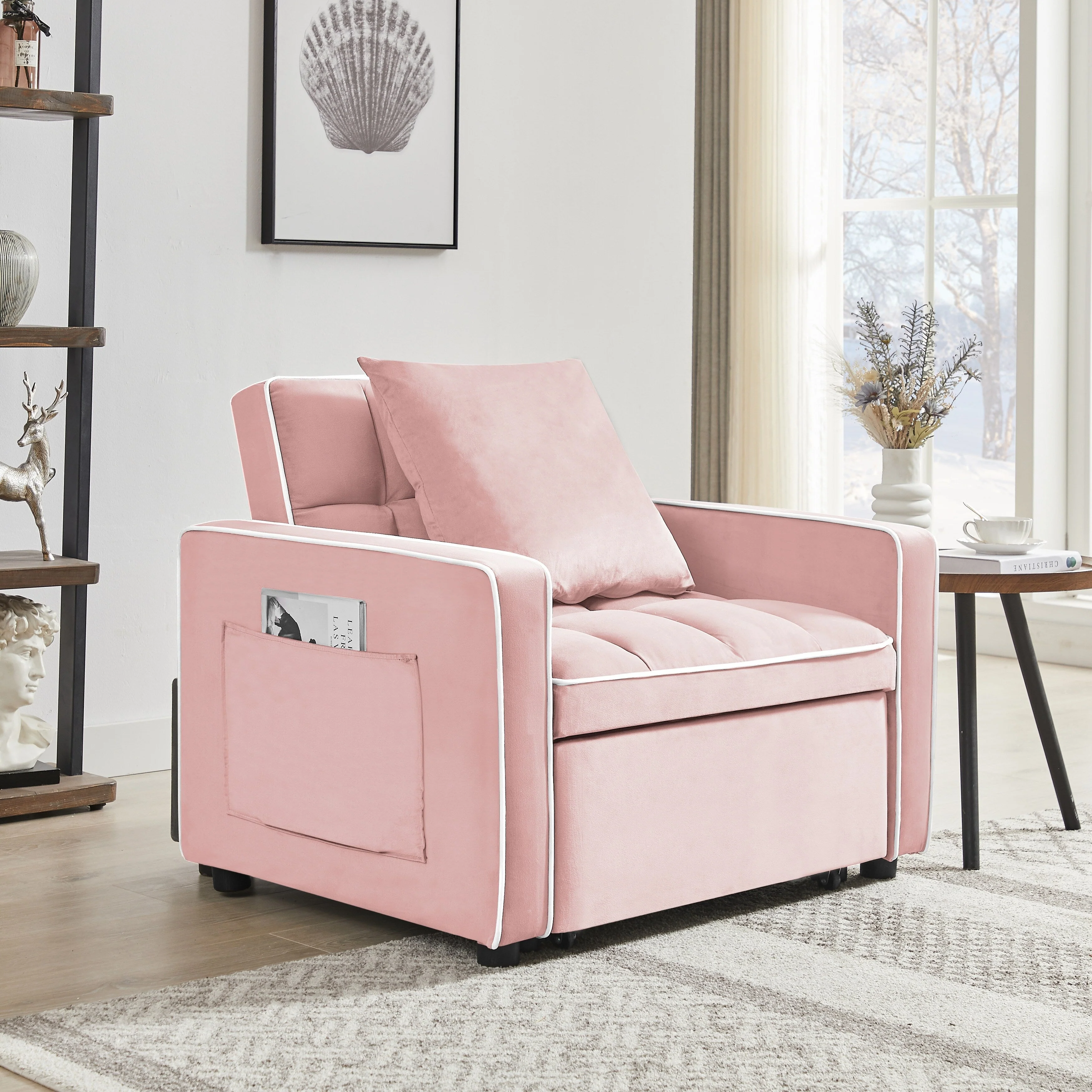 Pink Velvet Single Sofa Bed with Adjustable Back