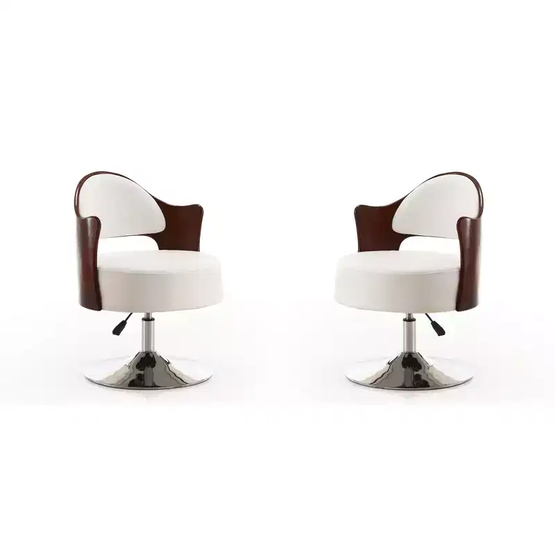 Manhattan Comfort Set of 2 Bopper Faux Leather Adjustable Height Swivel Accent Chairs White: Chrome-Plated, Easy Clean