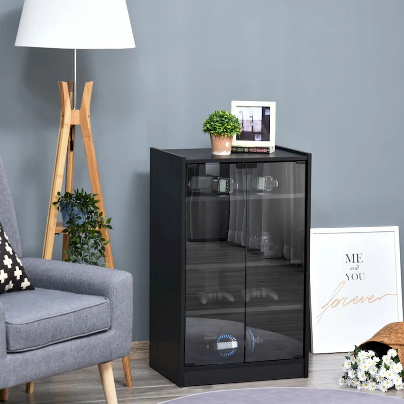 Black 5-Tier Media Stand Cabinet with Tempered Glass Doors & Adjustable Shelves – Single