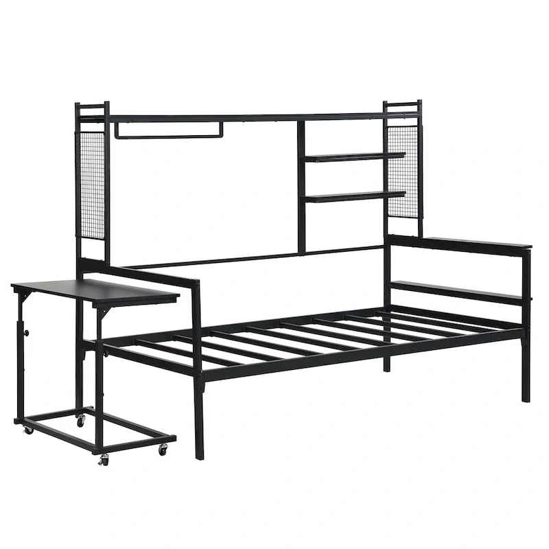 Metal Daybed with Movable Desk, Shelves and Clothes Hanger