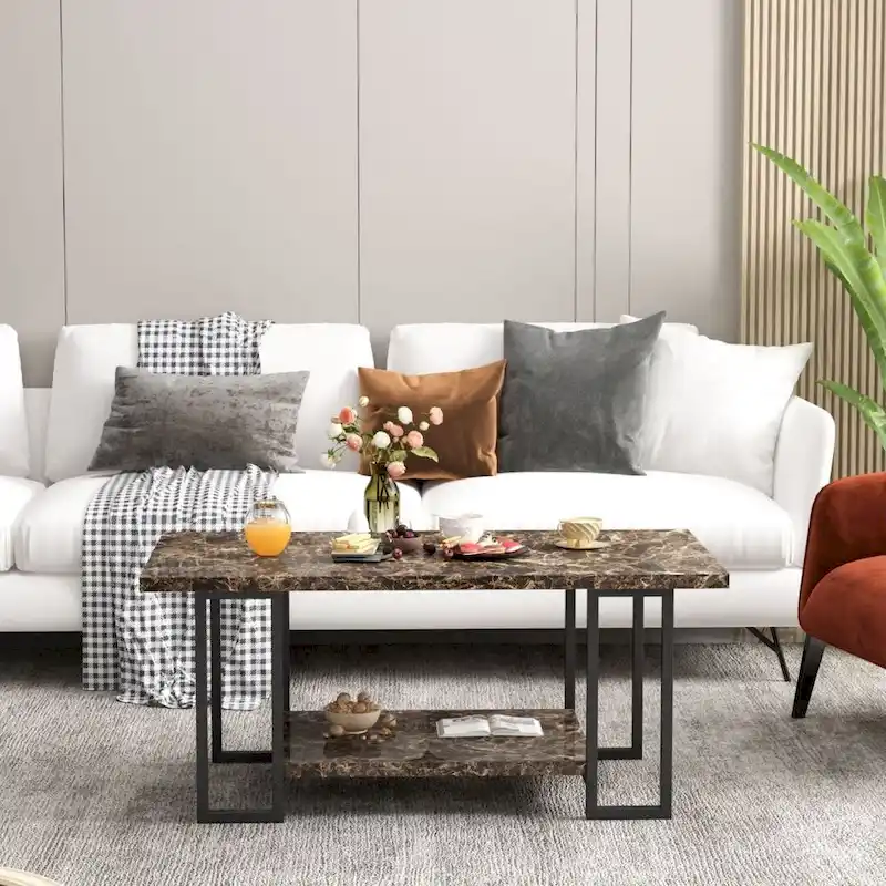 Mieres 39 Wide 2-Tier Faux Marble Top Coffee Table with Steel Frame