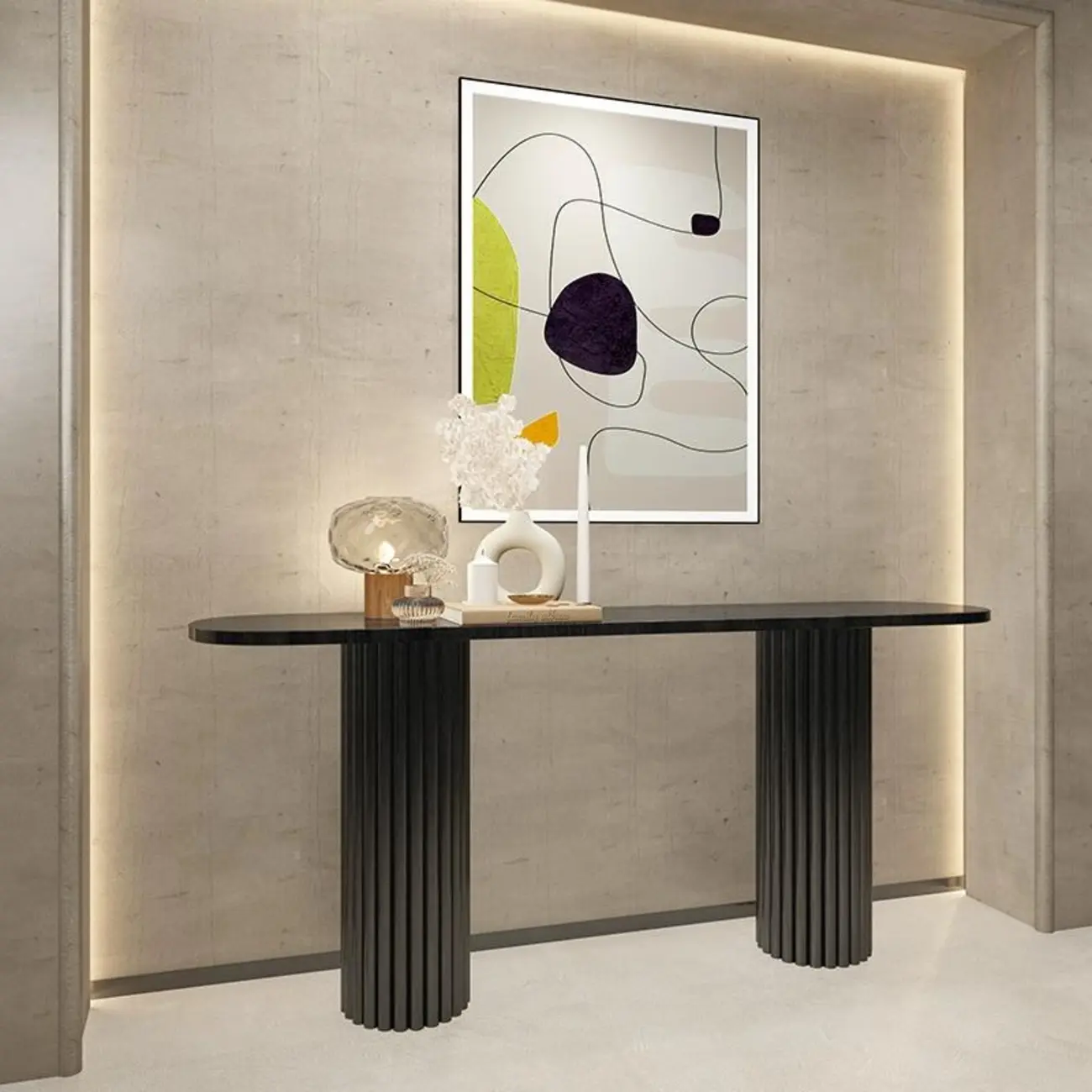 Natural Oval Wooden Double Pedestal Console Table