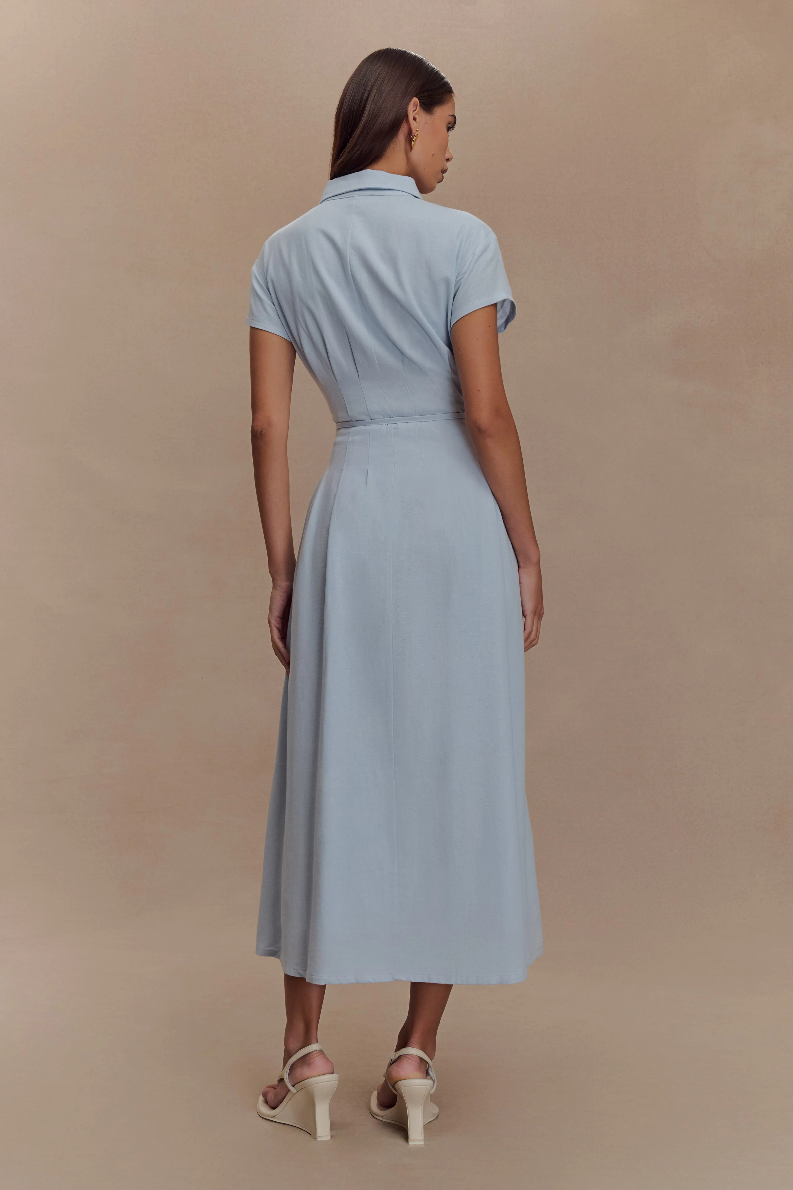 Aysha Buttoned Linen Midi Dress - Cornflower Blue
