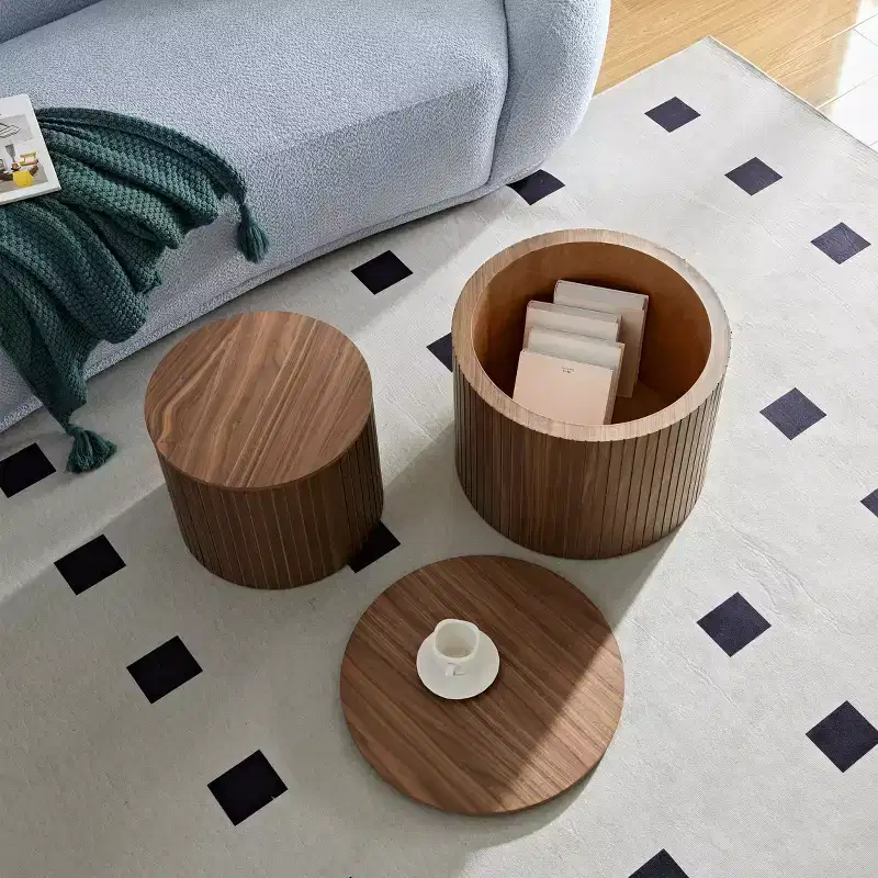 VIYET 19/15 2-Piece Handcrafted Nested Round Table Set, Walnut MDF Coffee/End Table, Space-Saving No-Assembly for Living Room/Lounge