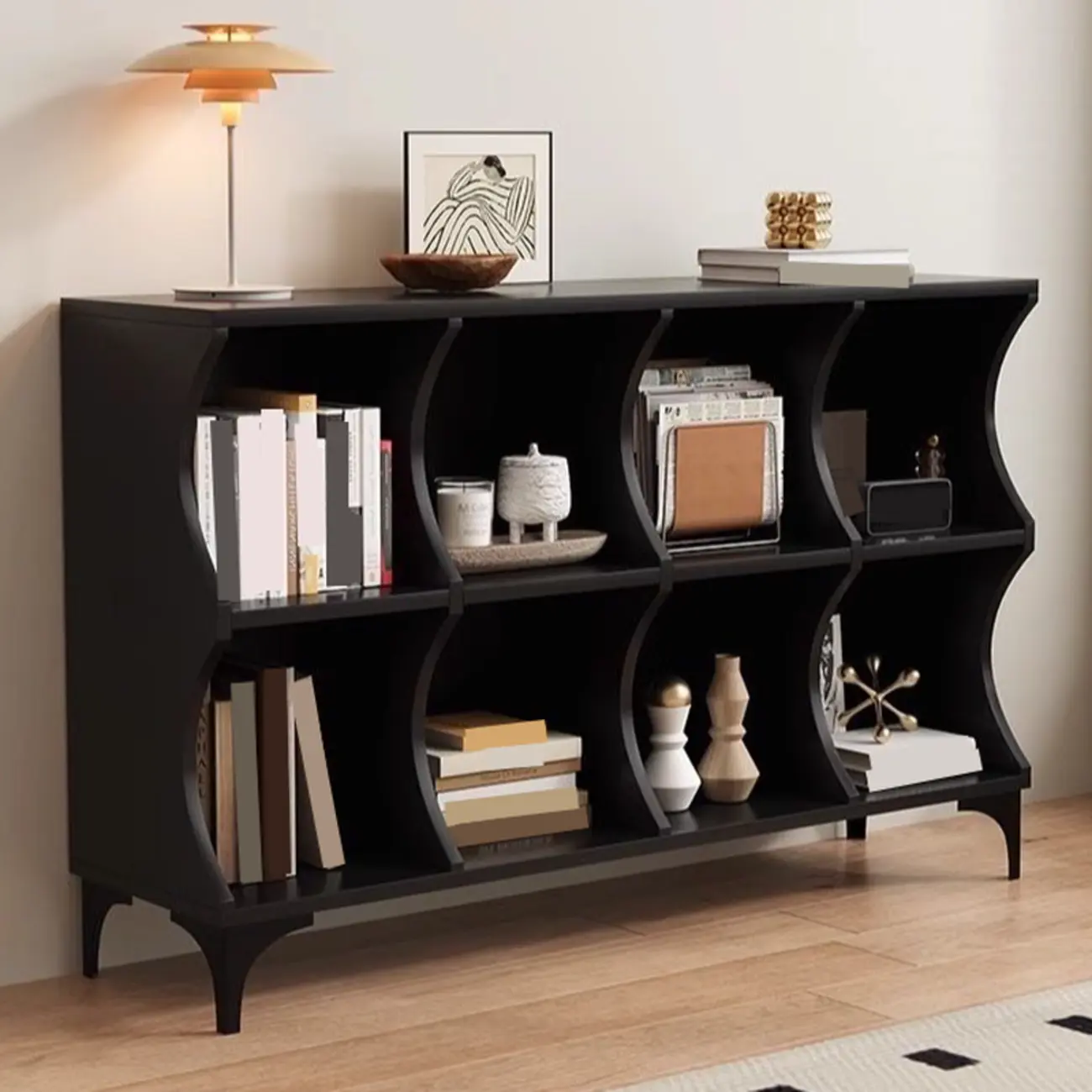 Modern Black Wooden 2-Tier Modular Cube Bookcase