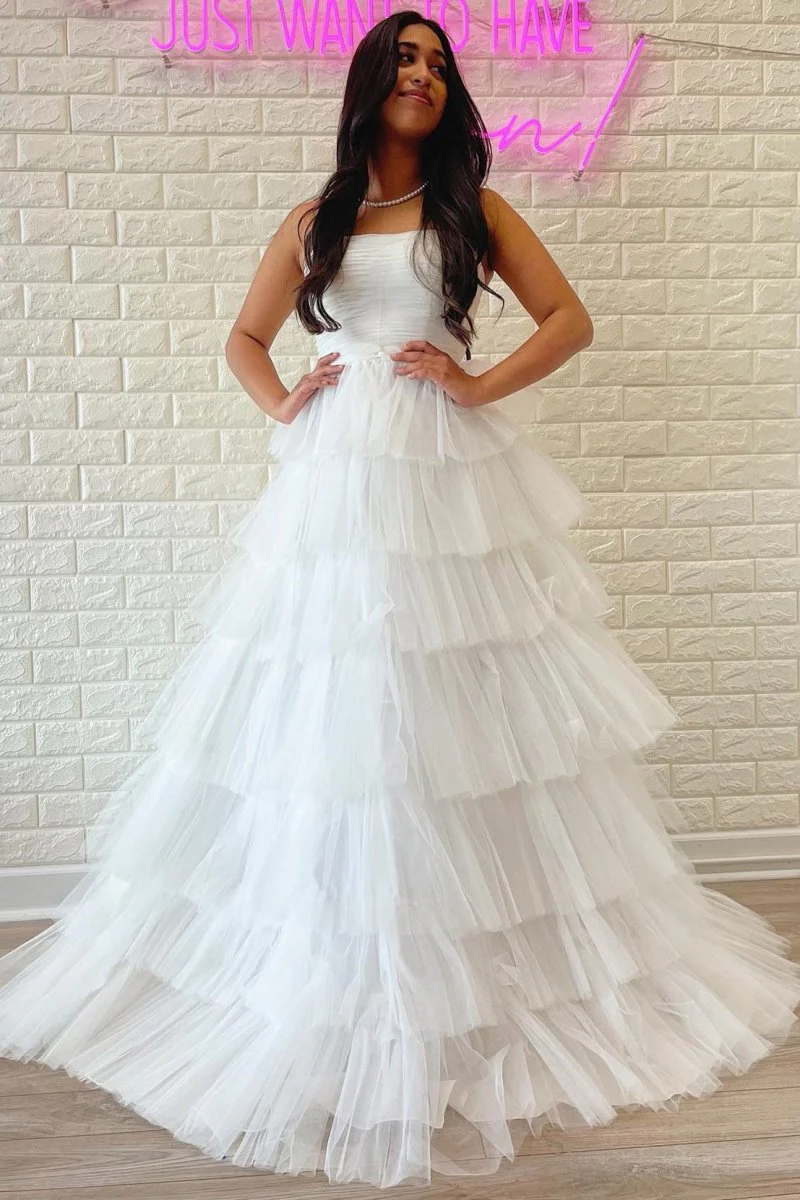 A-Line Strapless Tiered Tulle Prom Dress with Ruffles