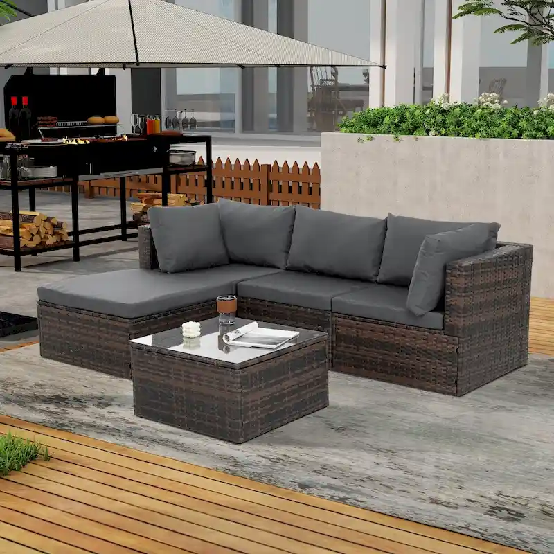 5 Set Wicker Furniture With Tempered Glass Coffee Table