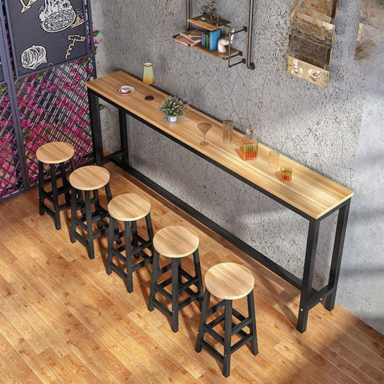 Grey Rectangle Wood Metal Footrest Bar Tables