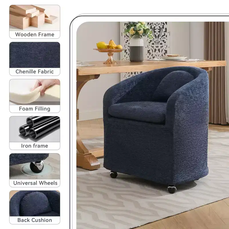 Set of 1 Chenille Fabric Dining Armchair With Back Cushion and Universal Wheels,Beige