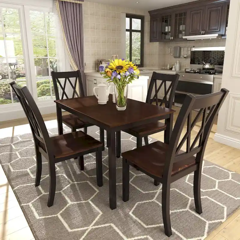Black 5-Piece Wooden Dining Table Set with Rectangular Table & 4 Chairs