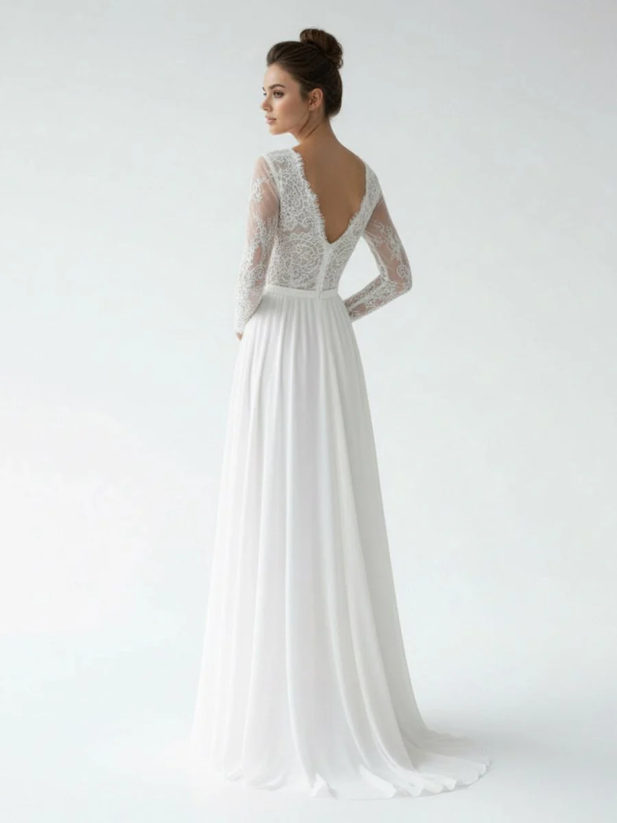 Romantic Modern A Line Floor-length Chiffon Lace V-neck Long Sleeve Wedding Dress