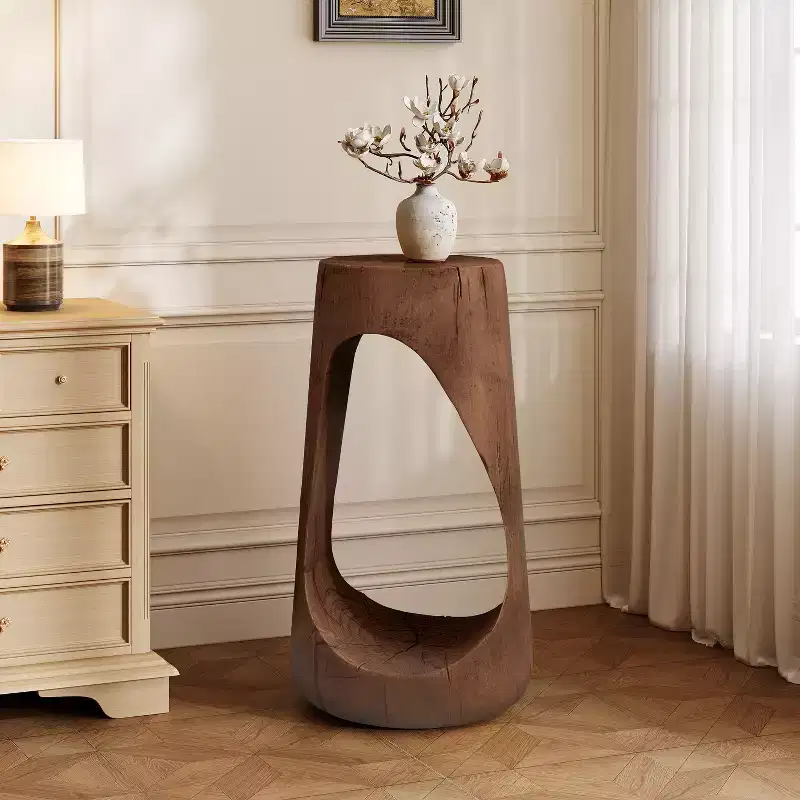 Minimalist Side Table Farmhouse End Table Wood-Like Texture Accent Table, Indoor/Outdoor Hollow Design Nightstand - ModernLuxe