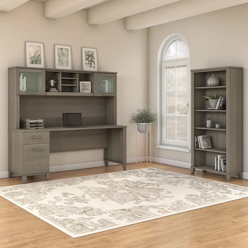 Somerset 72W Office Desk with Hutch and 5 Shelf Bookcase in Ash Gray