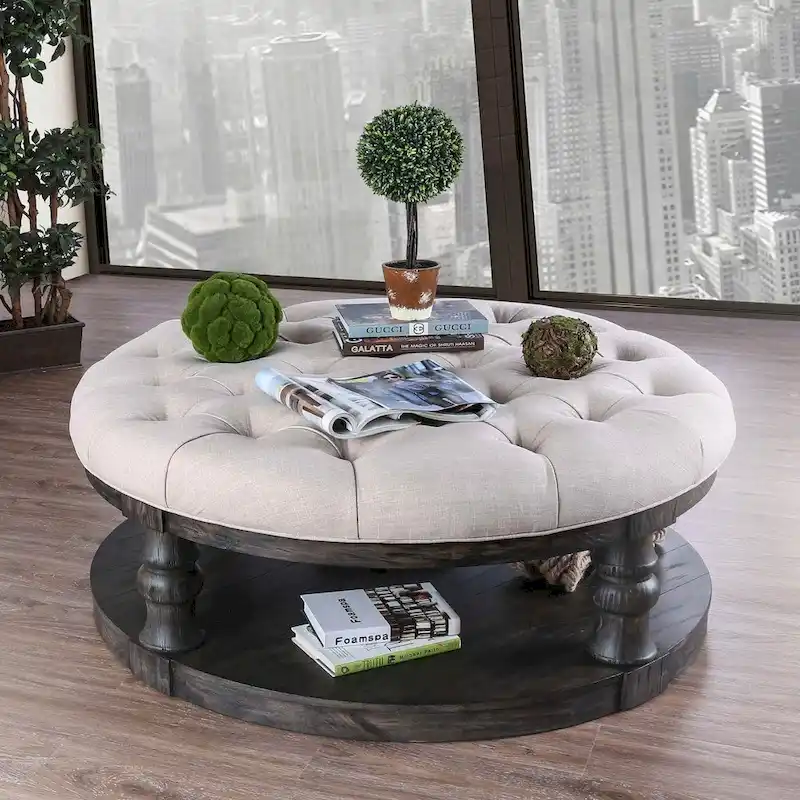 Rustic Round Coffee Table 48 - Tufted Fabric Top, Storage Shelf, Beige Linen Ottoman, 75 lbs Capacity