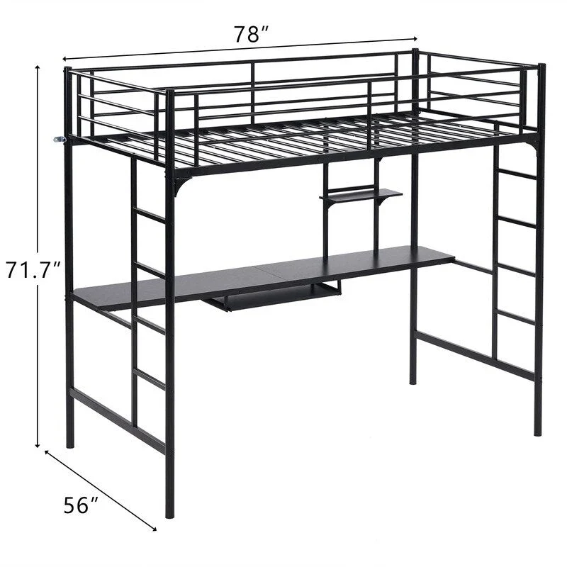 Metal Loft Bed with Desk & Shelves