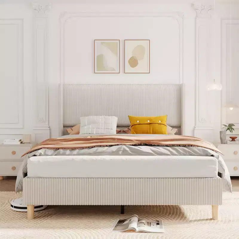 Bed Frame, Upholstered Platform Corduroy Bed Frame with Vertical Channel Tufted Headboard, No Box Spring Needed