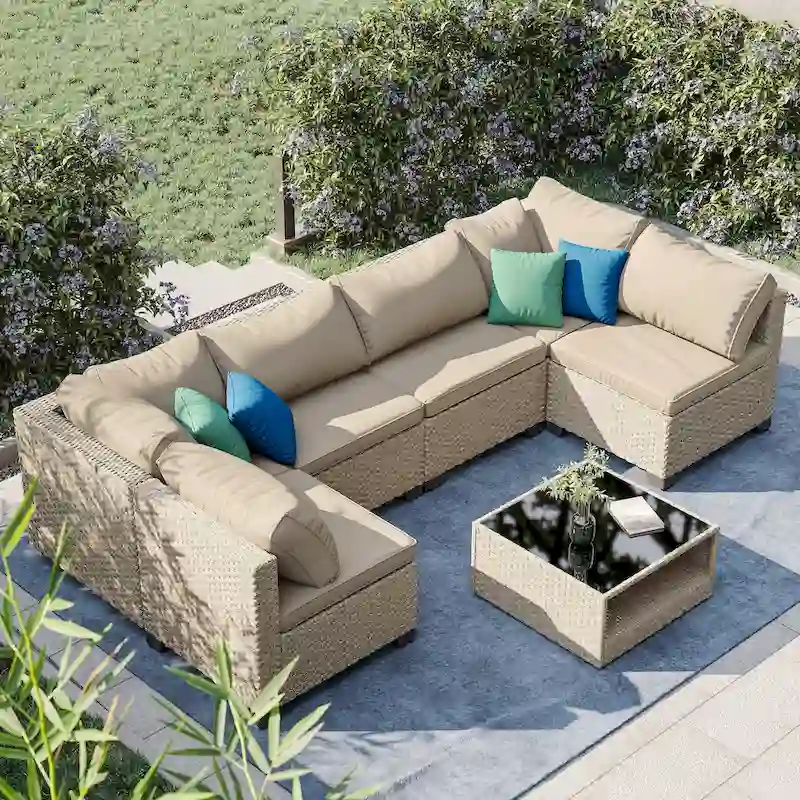 7-Piece Patio Furniture Set, All-Weather Boho Outdoor Conversation Set Sectional Sofa with Water Resistant Thick Cushions