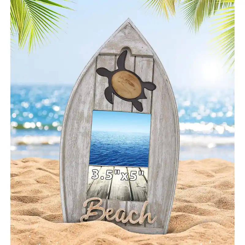 CoTa Global Grey Distressed Wood Coastal Sea Turtle Boat 3.5X5 Frame - 11 inches
