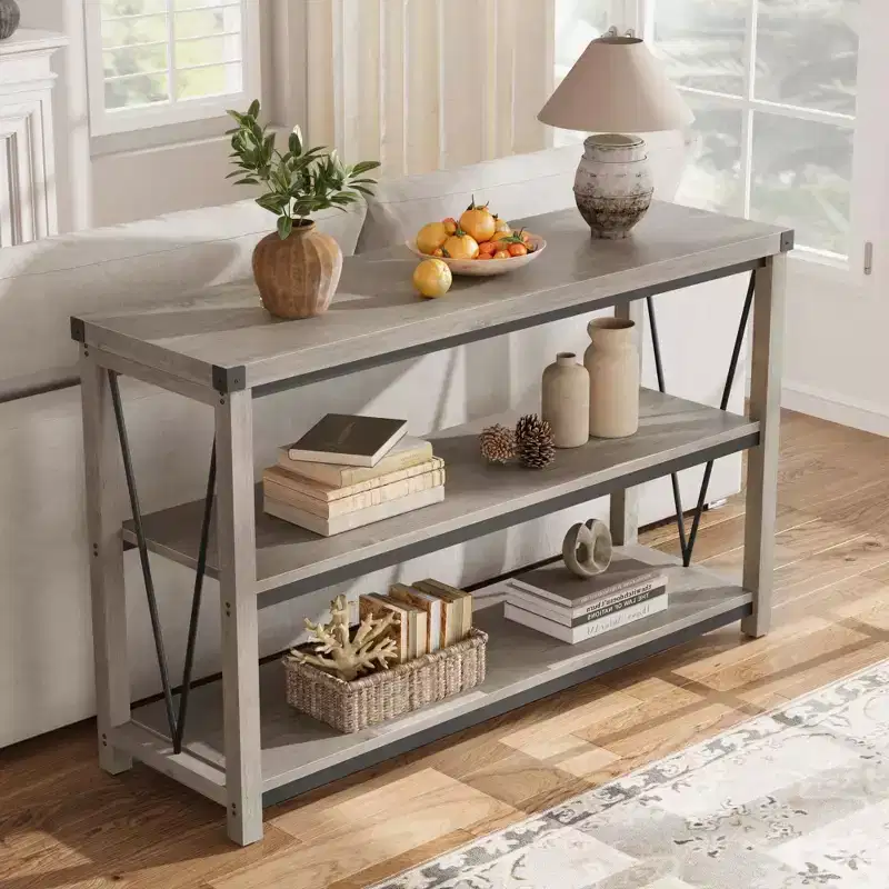 Coolmee Farmhouse Console Table, 47 Inch Narrow Entryway Table with Storage, 3 Tier Wood Console Tables for Living Room, Hallway, Entryway