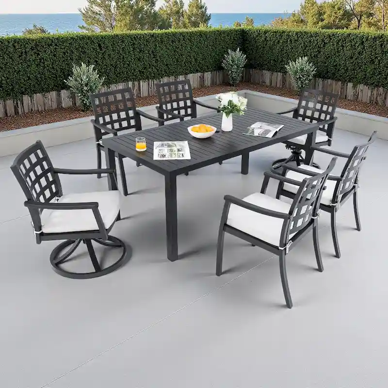 7-Piece Outdoor Patio Aluminum Dining Set with 67  Rectangular Table, 2 Swivel Rocker & 4 Armchairs, and Umbrella Hole