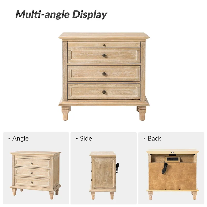 3-Drawer Farmhouse Nightstand with Built-In Charging Station & Pull-Out Shelf – White / Acorn / Walnut / Black, Farmhouse Style, Single