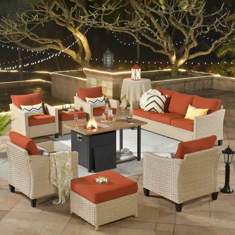 HOOOWOOO 8-piece Patio Wicker Rattan Conversation Set with Multifunctional Fire Pit Table