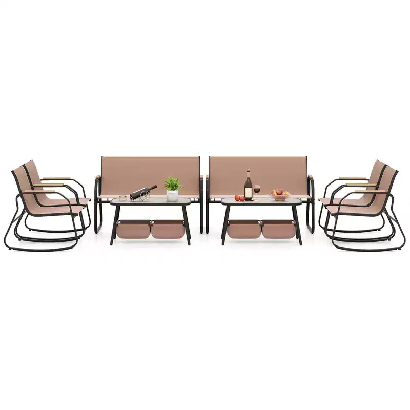 Costway 8 PCS Patio Furniture Set with 4 Rocking Bistro Chairs 2-Tier Coffee Table Black/Coffee