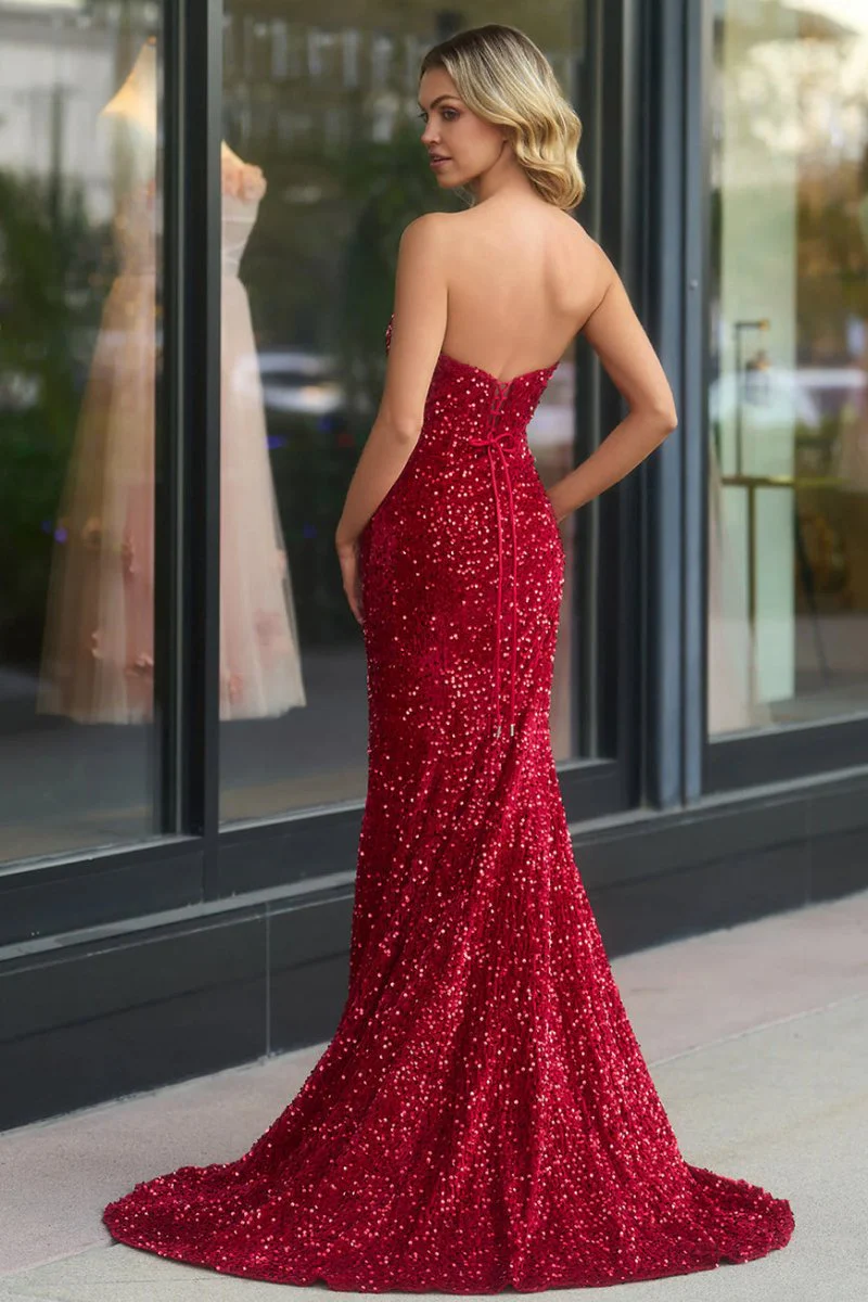Mermaid Strapless Sequins Long Prom Dress with Slit