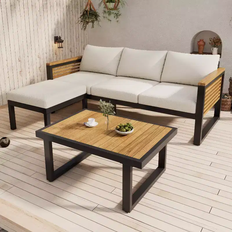 Christopher Knight Home Faye Patio Acacia and Metal Upholstered Seating Set with Slat Design